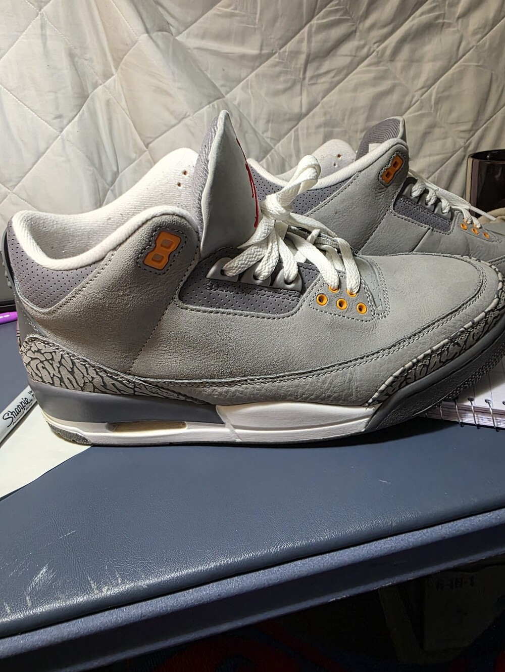 Air Jordan 3 "Cool Grey", Size 10m Suede Sneakers with Red Jumpman - Picture 2 of 7